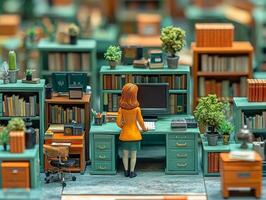 A miniature woman is working in a room full of books photo