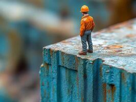 A miniature man stands on top of a rusty metal structure photo