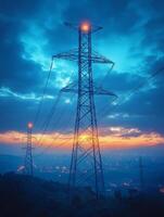High voltage power lines at sunset photo
