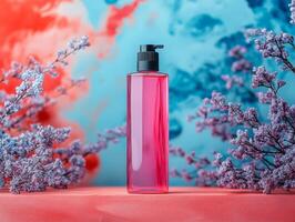 A bottle of liquid soap is surrounded by flowers photo