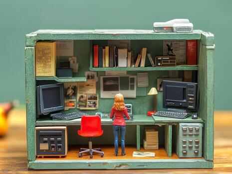 A miniature computer desk in a toy box photo