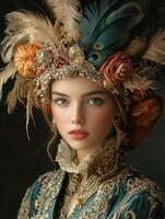 A woman in a costume with feathers and jewels photo