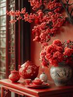 A red table with a vase of flowers and a tea pot photo