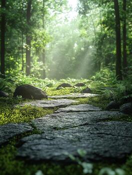 A path in the woods with sunlight shining through photo