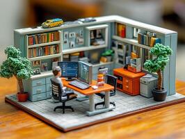 A detailed miniature model of a modern office workspace with furniture and decor. photo
