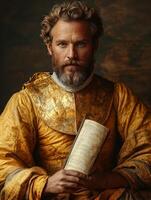 A man in a golden robe holds a book, exuding a historical or regal presence. photo