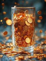 A glass filled with coins splashes liquid, creating a dynamic and visually striking scene. photo