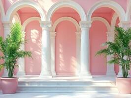 A serene architectural space with pink walls, columns, and potted plants. photo