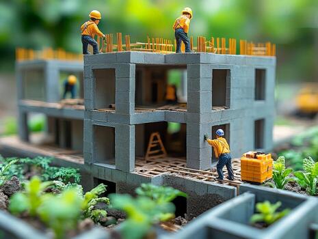 Miniature construction scene with workers building a structure amidst greenery. photo