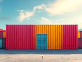 A vibrant storage container facade with colorful stripes and a blue door. photo