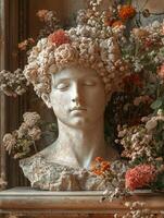 A serene marble bust adorned with flowers, symbolizing beauty and nature's harmony. photo