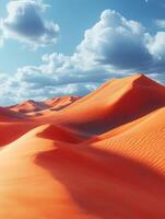 A serene desert landscape with rolling orange sand dunes under a blue sky with clouds. photo