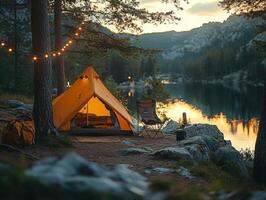 A serene camping scene by a lake at sunset, featuring a tent, chair, and string lights. photo