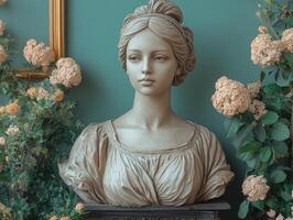 A classical bust of a woman surrounded by flowers against a teal background. photo
