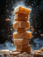 A stack of sugar cubes with particles and smoke, creating a dynamic visual effect. photo