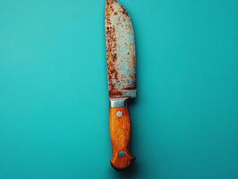 A rusty kitchen knife with a wooden handle against a teal background. photo