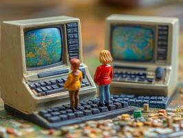 Miniature scene of two figures standing by vintage computers, evoking nostalgia for technology. photo