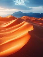 A serene desert landscape showcasing rolling sand dunes under a dramatic sky. photo