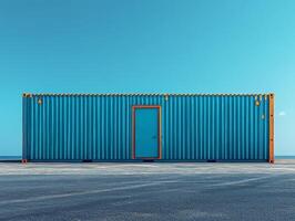 A bright blue shipping container with an orange door against a clear sky. photo