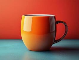 A vibrant orange mug sits on a teal surface against a red background, showcasing its glossy finish. photo