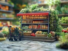 A miniature grocery store display with shelves of canned goods and a shopping cart. photo