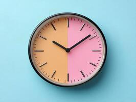 A modern clock split in two colors, orange and pink, displaying the time. photo