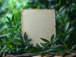 A blank, textured paper sheet surrounded by lush green leaves, ideal for nature-themed designs. photo