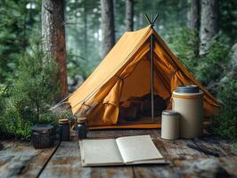 A cozy camping scene with an orange tent, books, and jars in a serene forest setting. photo