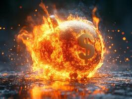 A flaming piggy bank symbolizes financial loss or urgency. photo