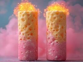 Two colorful sponge-like objects with glowing effects and smoke in the background. photo