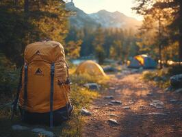 A scenic campsite with a yellow backpack and tents surrounded by nature at sunset. photo