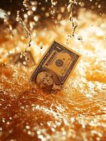 A dollar bill splashes into a brown liquid, symbolizing wealth and waste. photo