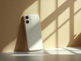 A smartphone leaning against a wall, casting shadows in soft lighting. photo