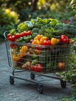 A shopping cart overflowing with fresh vegetables and fruits in a garden setting. photo