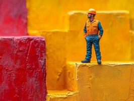 A miniature construction worker stands on colorful blocks, symbolizing industry and creativity. photo