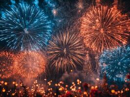 A vibrant display of fireworks lighting up the night sky in various colors photo