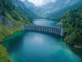 A dam in the middle of a lake surrounded by mountains photo