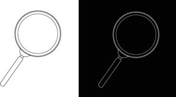 Outline drawing of a simple magnifying glass shown on contrasting black and white backgrounds. vector