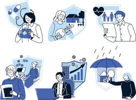 This set of flat style illustrations creatively depicts diverse insurance services, each represented with shield icons vector