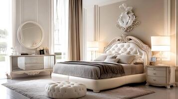 Luxurious Classical Bedroom with Elegant Furniture and Neutral Decor Palette in Soft Lighting photo