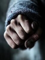 Close-up of a clenched fist in a textured woolen sleeve conveying strength and determination photo