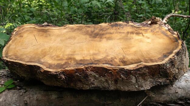 Closeup of Rustic Wooden Log Slice with Natural Texture and Rough Edges in Forest Setting photo