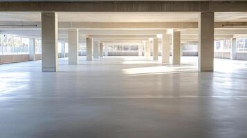 Large Empty Industrial Parking Garage with Concrete Floors and Pillars photo