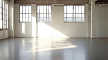Empty Industrial Loft Space with Bright Sunlight Streaming Through Large Windows photo