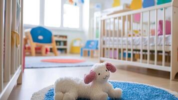 Bright and Cheerful Nursery Room Design with Soft Plush Lamb Toy on Colorful Carpet photo