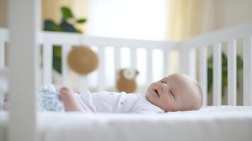 Peaceful sleeping baby in crib with soft morning light creating a serene and gentle atmosphere photo
