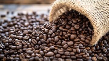 Authentic Coffee Beans Pouring from Burlap Sack Displaying Rich Aroma and Texture photo