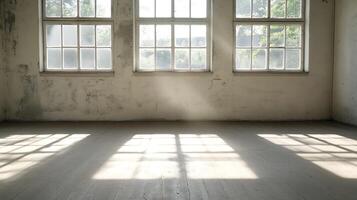 Abandoned vintage room with sunlight streaming through dusty windows creating nostalgic mood photo