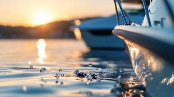 Serene Sunset Over Water with Boating Reflections and Vibrant Ripples photo