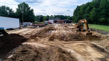 Construction Site with Heavy Machinery Preparing Groundwork for New Infrastructure Development photo